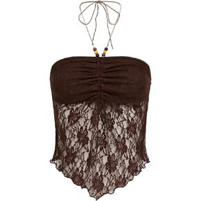 Floerns Women's Contrast Lace Ruched Beaded Tie Backless Halter Cami Crop Top