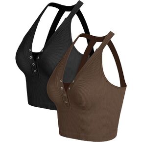 ODODOS 2-Pack Seamless Henley Crop for Women Open Back Ribbed Tank Button-up Cropped Top