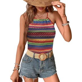 For G and PL Women Summer Geo Print Halter Neck Tank Top Boho Y2K Knit Camisole
