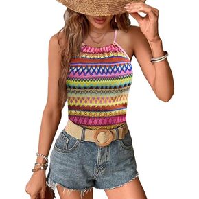 قميص قصير نسائي صيفي بطبعة جغرافية ورقبة رسن بدون أكمام من أجل G وPL in Kuwait