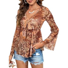 Verdusa Women's Boho 70s Mesh Tops Lettuce Trim Peplum Top V Neck Long Sleeve Ruffle Hem Blouse Top