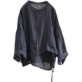 Women's Linen Asymmetrical Shirt Top Irregular Hem Tie Retro Stand Collar Button Blouse Shirts