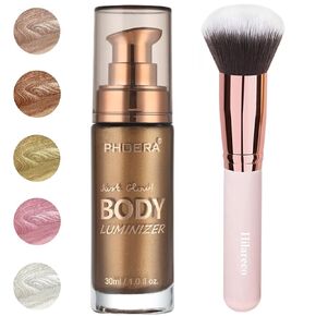 PHOERA Body Shimmer Oil,Waterproof Long Lasting Moisturizing Body Luminizer Glow Body Illuminator Highlighter for Face with Makup Bursh, 1oz/Jars (101 Rose Gold)