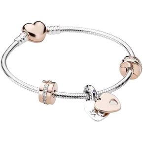 P29 Bracelet With Heart Charm And Rose Gold Clip Compatible with Pandora