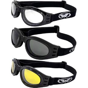 Global Vision 3 Burning Man Motorcycle Goggles That Fold for Easy Storage Clear Smoked Yellow Mirrored Burning Man