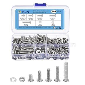 200Pcs Nuts and Bolts Assortment Kit, 8-32 Phillips Pan Head Machine Screws, 304 Stainless Steel 5/16", 1/2", 5/8", 3/4", 1" Screws Assortment Kit with Washers