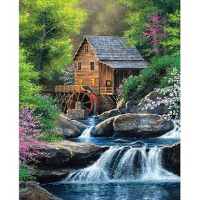 Forest Hut Surrounded by Flowers and Trees Waterfall Paint by Number On Canvas with Brushes Acrylic Paints Perfect for Paint by Numbers for Adults and Kids Students Beginner with DIY frame 16x20 Inch