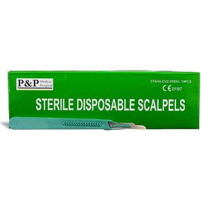 Disposable Scalpels Sterile Surgical Blade Size 15 Stainless Steel with Plastic Handle & Metric Line Individually Foil Wrapped by P&P MEDICAL SURGICAL Box of 10