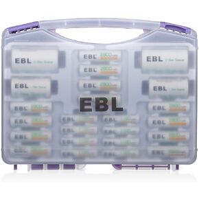 EBL Black Batteries Box Include : Rechargeable 8 AA Batteries + 4 AAA Batteries + 40Min iQuick Battery Charger and 2Pcs C/D Converters with Battery Storage Organizer