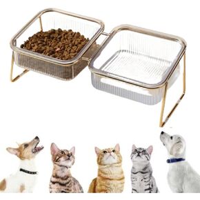 Elevated Cat Bowls, Elevated Dog Double Bowls, Cat Bowls Raised, Feeding Bowls for Cats and Dogs, Pet Food Bowls Elevated, with Stainless Steel Gold Stand 15° Tilted,Transparent Pet Bowl.
