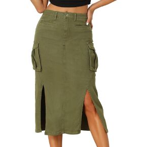 Allegra K Cargo Skirts for Women's Y2K Split Hem Denim Midi Skirts