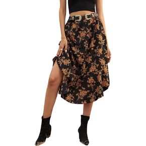 GORGLITTER Women's Floral Print Midi Skirt Button Front High Waist Ruffle Hem Flowy Skirts