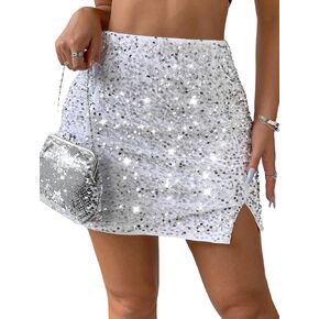 WDIRARA Women's Glitter Contrast Sequin Skirt Split Hem Bodycon Short Club Party Skirts