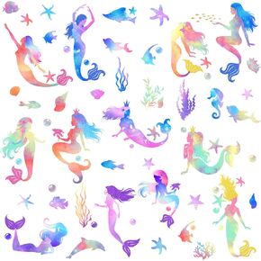 4 Sheets Mermaid Wall Decals Mermaid Wall Stickers Colorful Gouache Mermaid Decal for Girls Kids Bedroom Nursery Classroom Birthday Party Peel and Stick Wall Decals