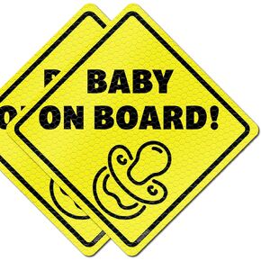 Baby On Board MAGNET for Car - Essential Magnetic Sticker Sign for Bumper - 2 Pack, 5.5" by 5.5" - Reflective Bright Yellow - Cute Safety Signs, Accessories for Baby in Cars