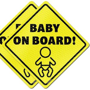 Baby On Board MAGNET for Car - Essential Magnetic Sticker Sign for Bumper - 2 Pack, 5.5" by 5.5" - Reflective Bright Yellow - Cute Safety Signs, Accessories for Baby in Cars