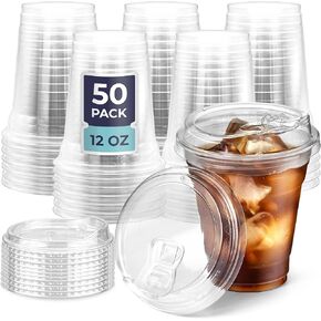 Fit Meal Prep 50 Pack 32 oz Clear Plastic Cups with Strawless Sip Lids, Disposable Plastic Coffee Cups with Lids, To Go Cups for Iced Coffee, Smoothies, Soda, Party Drinks, Bubble Tea, Cold Beverage