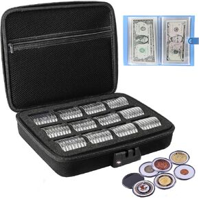 46mm Coin Holders for Collectors and 100 Pocket Dollar Bill Holder Collector, Coin Storage Case with Lock, 100 Pieces Coin Capsule and 15 Size Gasket