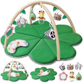 Jyusmile Baby Play Mat, 8-in-1 Tummy Time Leaf Mat with 6 Toys, Washable Baby Activity Play Mat for Visual, Hearing, Sensory, Motor Development, Baby Toys Gift for Infant Toddler 0-3-6-9-12 Months
