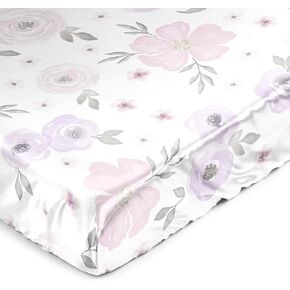Sweet Jojo Designs Lavender Purple Boho Floral Girl Baby Satin Fitted Crib Sheet Infant Newborn Nursery Toddler Bed Room Standard Pink Grey Bohemian Farmhouse Shabby Chic Watercolor Flower Elegant