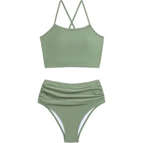 SweatyRocks المرأة 2 قطعة ثوب السباحة متقاطع الدانتيل حتى الظهر مجموعة البكيني عالية الخصر Ruched مثلث ملابس السباحة in Saudi Arabia