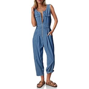 PLNOTME Womens Baggy Zip Up Denim Jumpsuits Casual Summer Sleeveless Cropped Jeans Overall Jumpsuits with Pockets