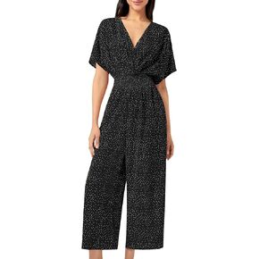Women's Summer Casual Jumpsuit Chiffon Floral Short Sleeve Romper V Neck Wide Leg Pants with Pockets 2024