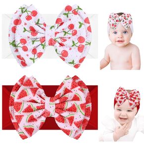 Watermelon Baby Girls Headbands, 2PCS Elastics Fruit Print Baby Bows Nylon Hairbands, Large Cherry Bows Newborn Hair Accessories for Infant Toddlers Kids
