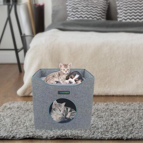 JESPET Foldable Cat Condo, Cat Cube House & Sleeper Bed with Lying Surface 2 Reversible Cushions, Cat Hiding Place, Cat Cave, Linenette Fabric, Felt and Engineered Wood, Scratch Resistant, Smoke Gray in Saudi Arabia