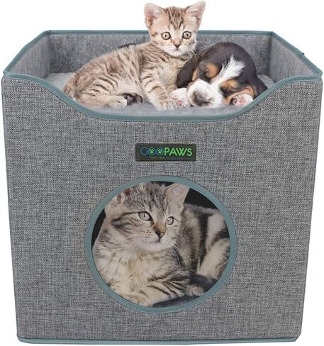 JESPET Foldable Cat Condo, Cat Cube House & Sleeper Bed with Lying Surface 2 Reversible Cushions, Cat Hiding Place, Cat Cave, Linenette Fabric, Felt and Engineered Wood, Scratch Resistant, Smoke Gray in Saudi Arabia