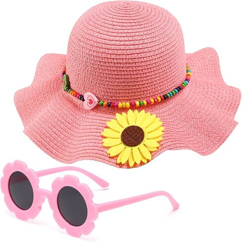 Girls Straw Hat with Flower Round Sunglasses, Summer Foldable Large Brim Sunflower Bowknot Beach Toddler Straw Sun Hat, 2-6T in Kuwait