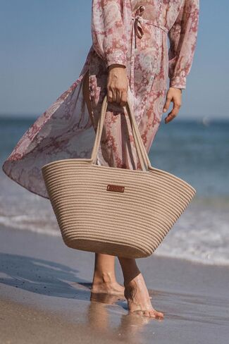 Large Woven Tote & Small Handbag Set for Women, Cotton Rope Shoulder Bag for Beach Pool Travel Weekends, Purse for Essentials in Saudi Arabia