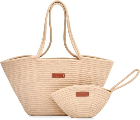 Large Woven Tote & Small Handbag Set for Women, Cotton Rope Shoulder Bag for Beach Pool Travel Weekends, Purse for Essentials in Saudi Arabia