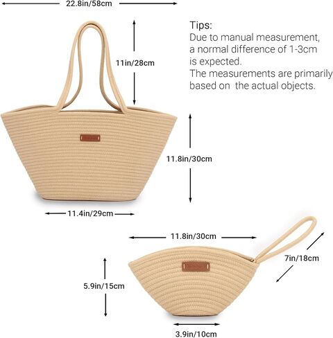 Large Woven Tote & Small Handbag Set for Women, Cotton Rope Shoulder Bag for Beach Pool Travel Weekends, Purse for Essentials in Saudi Arabia