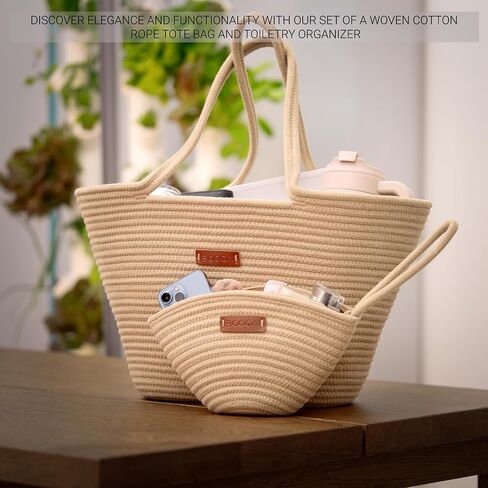 Large Woven Tote & Small Handbag Set for Women, Cotton Rope Shoulder Bag for Beach Pool Travel Weekends, Purse for Essentials in Saudi Arabia