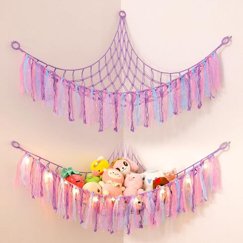 أرجوحة لعبة Homcosan للحيوانات المحشوة، منظم شبكة تخزين معلقة على الحائط مع ضوء LED، أرجوحة حيوانات محشوة لغرفة نوم الأطفال، أرجوحة شبكية من القطيفة بوهو مكرامية 58 بوصة 46 بوصة 46 بوصة in Kuwait