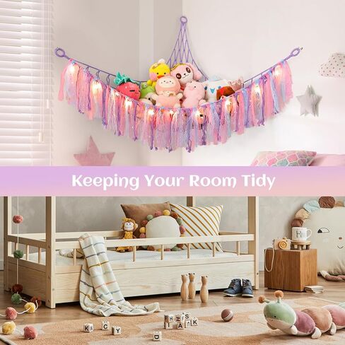 أرجوحة لعبة Homcosan للحيوانات المحشوة، منظم شبكة تخزين معلقة على الحائط مع ضوء LED، أرجوحة حيوانات محشوة لغرفة نوم الأطفال، أرجوحة شبكية من القطيفة بوهو مكرامية 58 بوصة 46 بوصة 46 بوصة in Kuwait