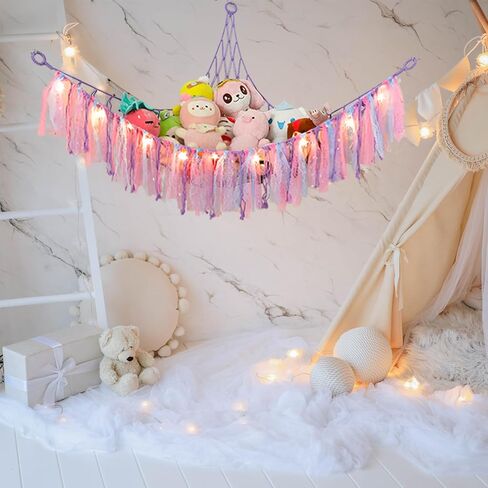 أرجوحة لعبة Homcosan للحيوانات المحشوة، منظم شبكة تخزين معلقة على الحائط مع ضوء LED، أرجوحة حيوانات محشوة لغرفة نوم الأطفال، أرجوحة شبكية من القطيفة بوهو مكرامية 58 بوصة 46 بوصة 46 بوصة in Kuwait