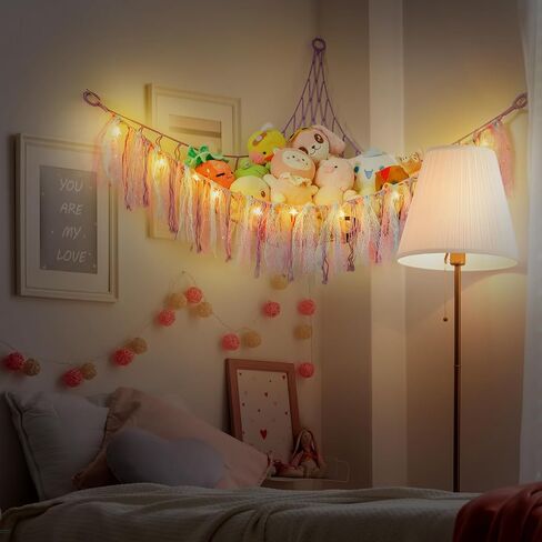 أرجوحة لعبة Homcosan للحيوانات المحشوة، منظم شبكة تخزين معلقة على الحائط مع ضوء LED، أرجوحة حيوانات محشوة لغرفة نوم الأطفال، أرجوحة شبكية من القطيفة بوهو مكرامية 58 بوصة 46 بوصة 46 بوصة in Kuwait