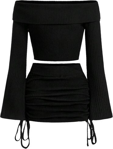 Verdusa Women's 2 Piece Outfits Cold Shoulder Long Sleeve Crop Top and Drawstring Skirt Set in Saudi Arabia
