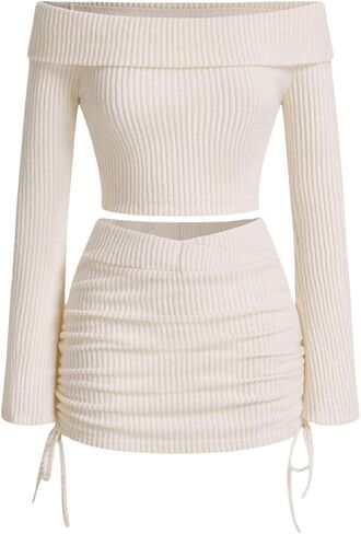 Verdusa Women's 2 Piece Outfits Cold Shoulder Long Sleeve Crop Top and Drawstring Skirt Set in Saudi Arabia