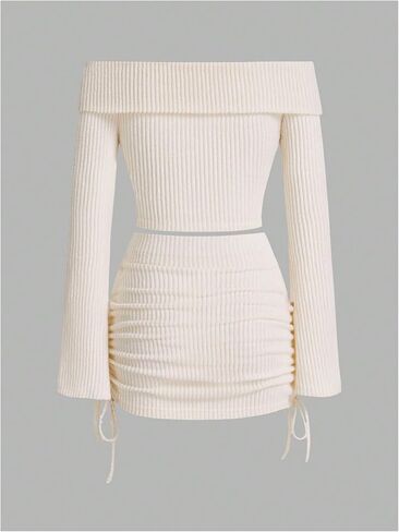 Verdusa Women's 2 Piece Outfits Cold Shoulder Long Sleeve Crop Top and Drawstring Skirt Set in Saudi Arabia