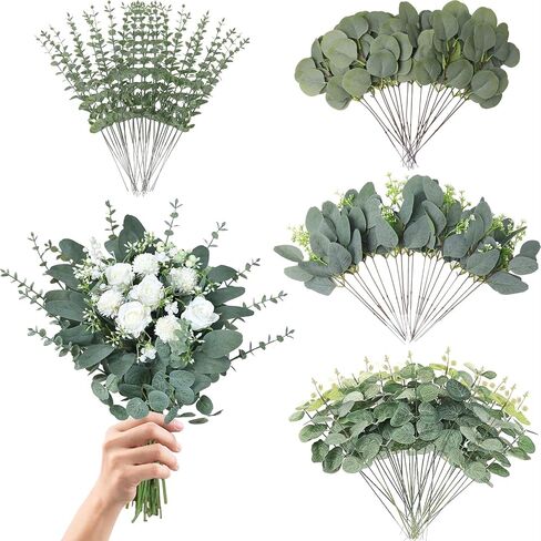 Eucalyptus Leaves Stems 100 PCS, 4 Kinds Mixed Artificial Greenery Stems for Wedding Decor Vase Floral Arrangement Centerpiece in Saudi Arabia