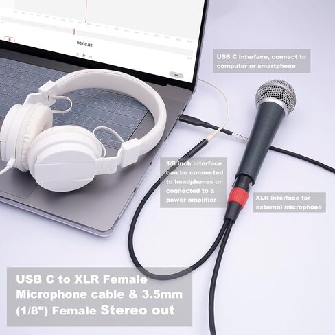 10FT USB C to XLR Female Microphone Cable & 3.5mm (1/8") Female Stereo Out Adapter,USB C to 3.5mm Headphone Cable&XLR Female Microphone Record Cable for iPhone 15 Garageband,Tablet,Laptop in Saudi Arabia