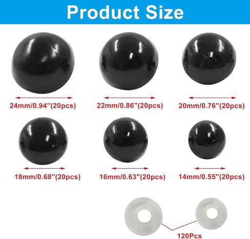 Hitefu 120 Pieces Large Safety Eye 14-24mm Black Plastic Doll Eye with Washer - Solid Craft Doll Eye for DIY Puppet Crafts Teddy Bear Amigurumi Making Supplies (6 Sizes) in Saudi Arabia