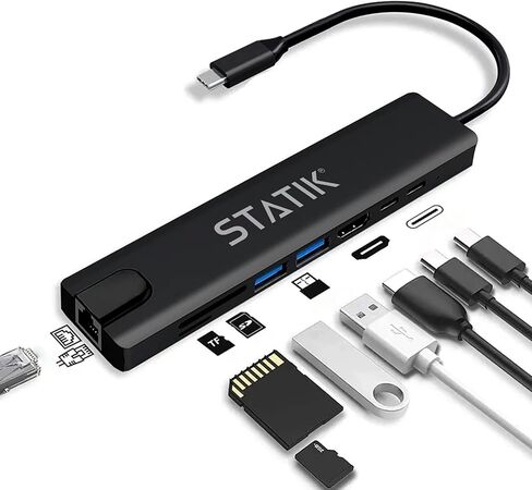 محول متعدد المنافذ USB C من STATIK UltraHub - محطة إرساء USB C - محور USB 3.0 يعمل 8 في 1 مع محول HDMI USB C 4K، قاعدة توصيل USB C، منفذ إيثرنت 100 ميجابت في الثانية، قارئ بطاقة SD/TF وقاعدة كمبيوتر محمول in Kuwait