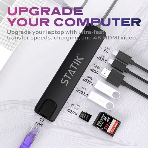 محول متعدد المنافذ USB C من STATIK UltraHub - محطة إرساء USB C - محور USB 3.0 يعمل 8 في 1 مع محول HDMI USB C 4K، قاعدة توصيل USB C، منفذ إيثرنت 100 ميجابت في الثانية، قارئ بطاقة SD/TF وقاعدة كمبيوتر محمول in Kuwait