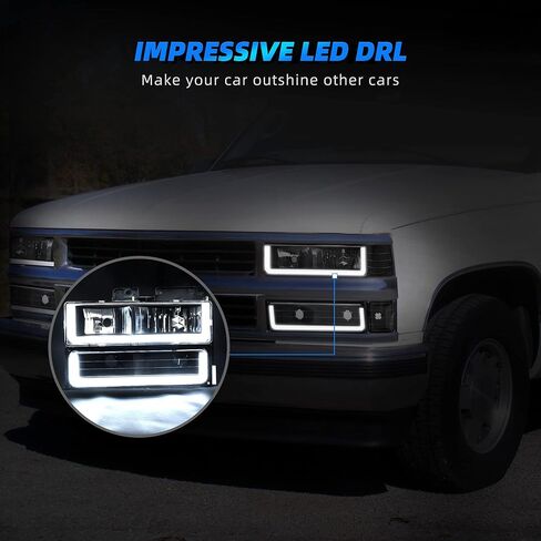 AUTOSAVER88 LED DRL Headlights Assembly Compatible with 1990-1999 Chevy C/K C10 Suburban Tahoe GMC Yukon Headlight Headlamp Replacement Pair with Daytime Running Light Black Housing Clear Reflector in Saudi Arabia