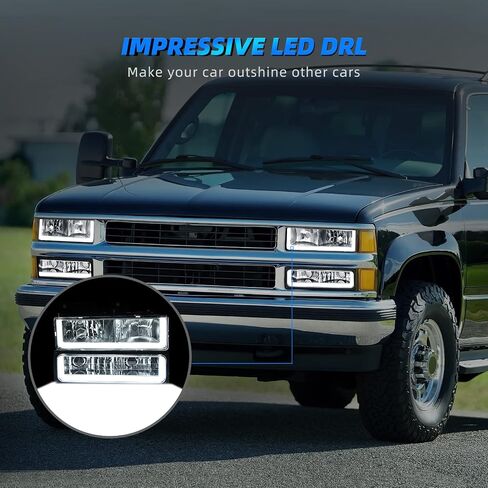 AUTOSAVER88 LED DRL Headlights Assembly Compatible with 1990-1999 Chevy C/K C10 Suburban Tahoe GMC Yukon Headlight Headlamp Replacement Pair with Daytime Running Light Black Housing Clear Reflector in Saudi Arabia