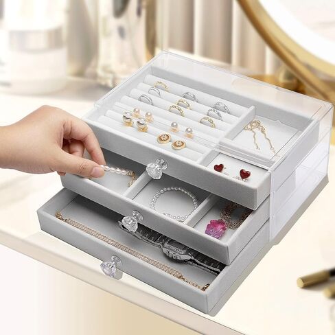 Jewelry Box, 3 Drawer Jewelry Holder Organizer, Jewelry Boxes & Organizers with Earring Organizer, Jewelry Holder Box, Clear Jewelry Organizer Box for Jewelry Storage, Valentines Day Gift (Beige) in Saudi Arabia